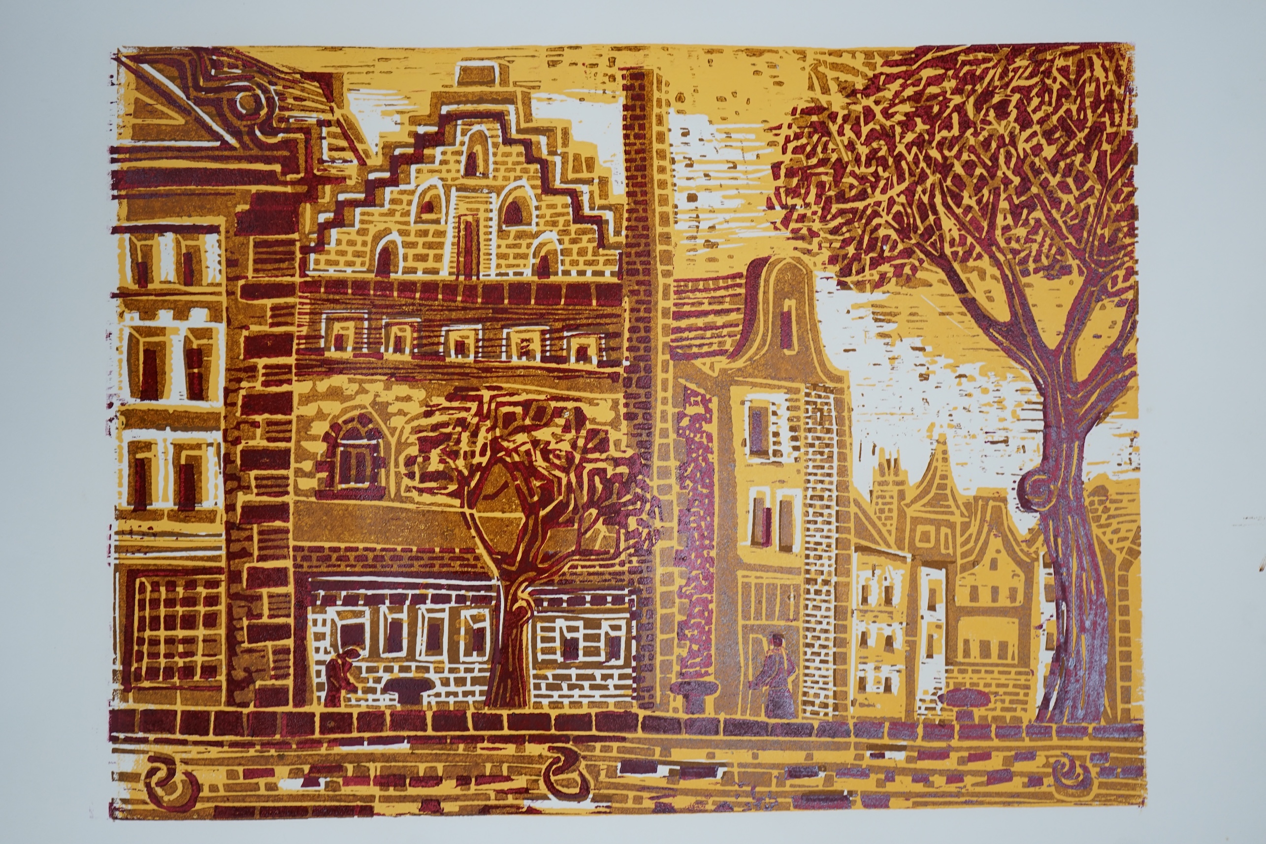 David Smith (British, 1930-1999), six colour screenprints, to include: 'Amsterdam', 'Tulip Fields in Holland' and 'Street Scenes' some signed in pencil and limited edition, largest 101 x 77cm, unframed. Condition - fair